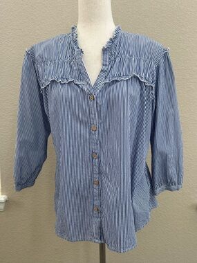 Blue Stripe Dear John (Nordstrom) Ruffle-Trim Button Front Women's Top M